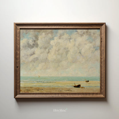 Vintage Coastal Wall Art – Seascape Painting with Boats on Shore - L1115