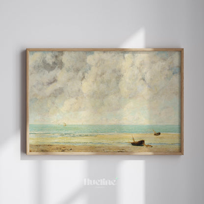 Vintage Coastal Wall Art – Seascape Painting with Boats on Shore - L1115