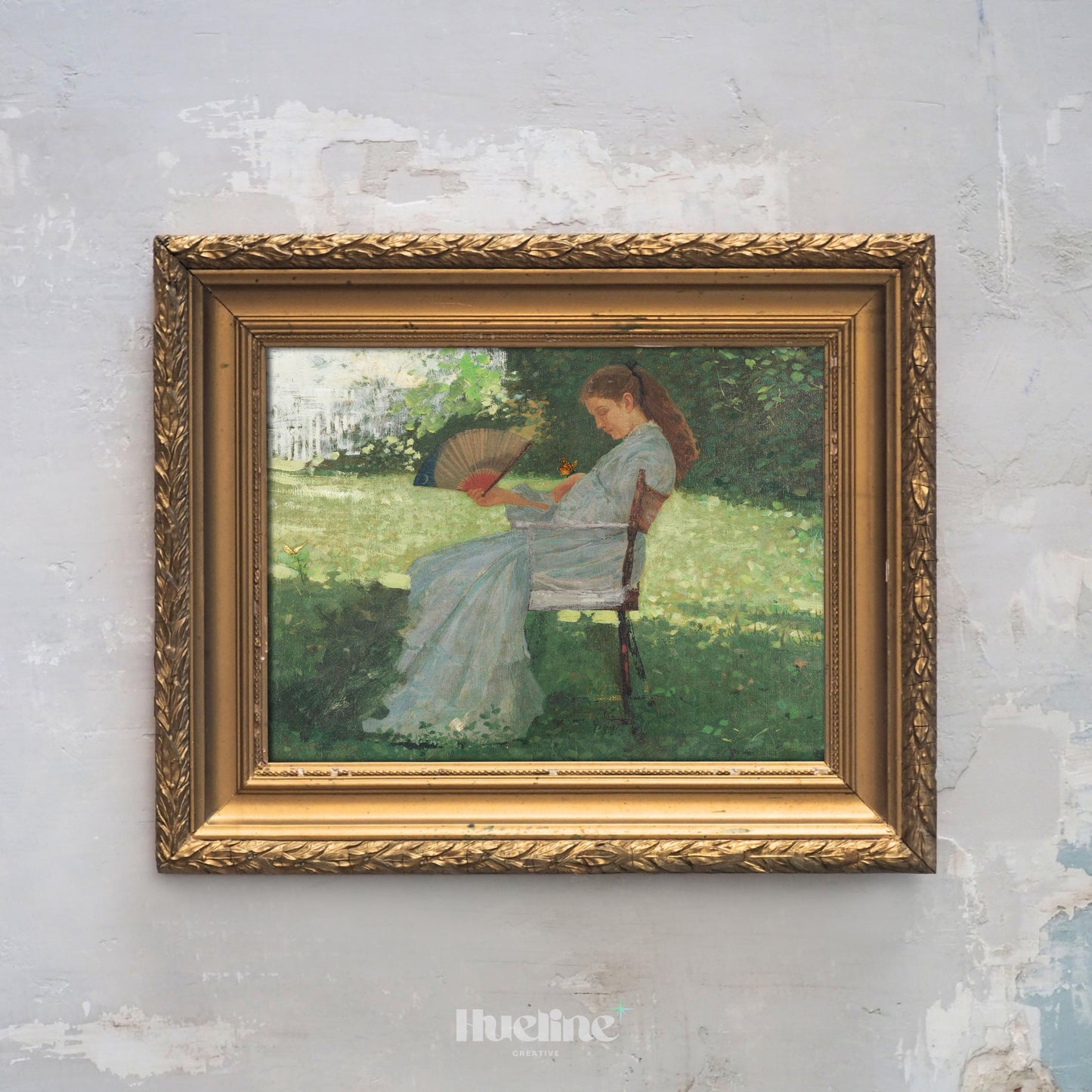 Vintage Lady in Garden Wall Art – Woman with Fan Painting, Romantic Impressionist Artwork - L1117