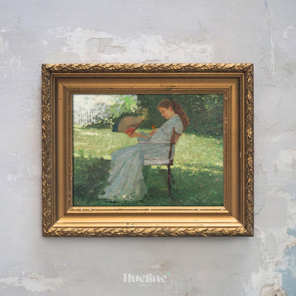 Vintage Lady in Garden Wall Art – Woman with Fan Painting, Romantic Impressionist Artwork - L1117