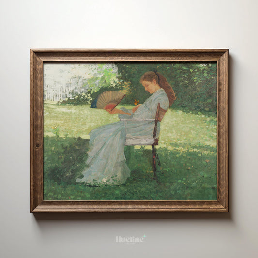 Vintage Lady in Garden Wall Art – Woman with Fan Painting, Romantic Impressionist Artwork - L1117
