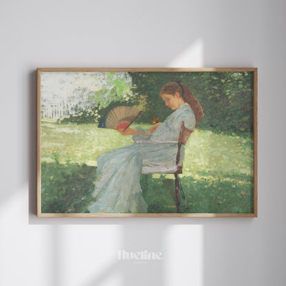 Vintage Lady in Garden Wall Art – Woman with Fan Painting, Romantic Impressionist Artwork - L1117