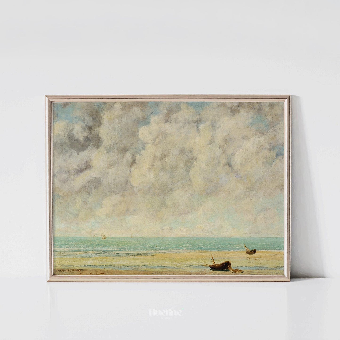 Vintage Coastal Wall Art – Seascape Painting with Boats on Shore - L1115