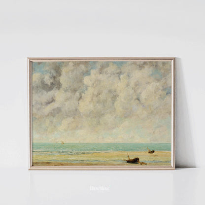 Vintage Coastal Wall Art – Seascape Painting with Boats on Shore - L1115