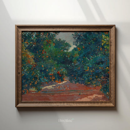 Vintage Orchard Landscape Art Print | Orange Grove Nature Painting - L1127