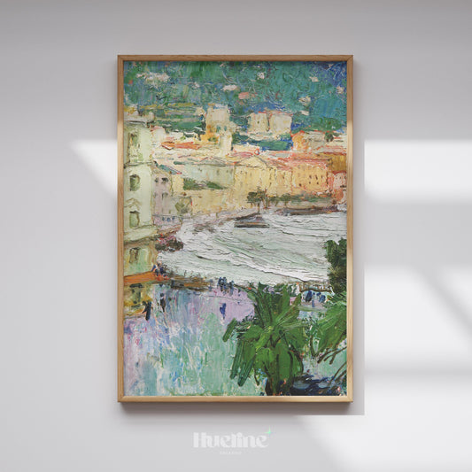 Vintage Impressionist Coastal City Print – Colorful Seaside Wall Art - L1139