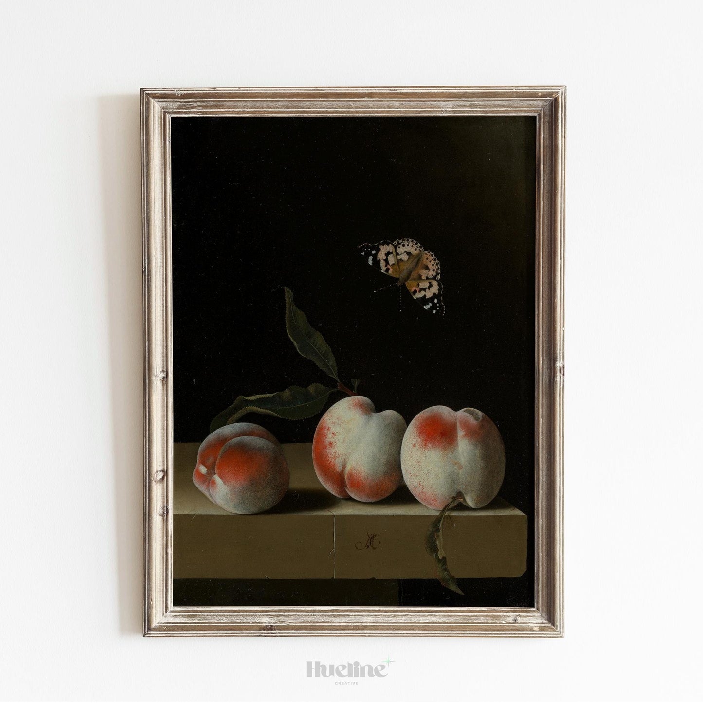 Vintage Still Life Peach Art – Dark Old-World Fruit Painting with Butterfly - L1141