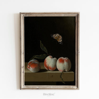 Vintage Still Life Peach Art – Dark Old-World Fruit Painting with Butterfly - L1141
