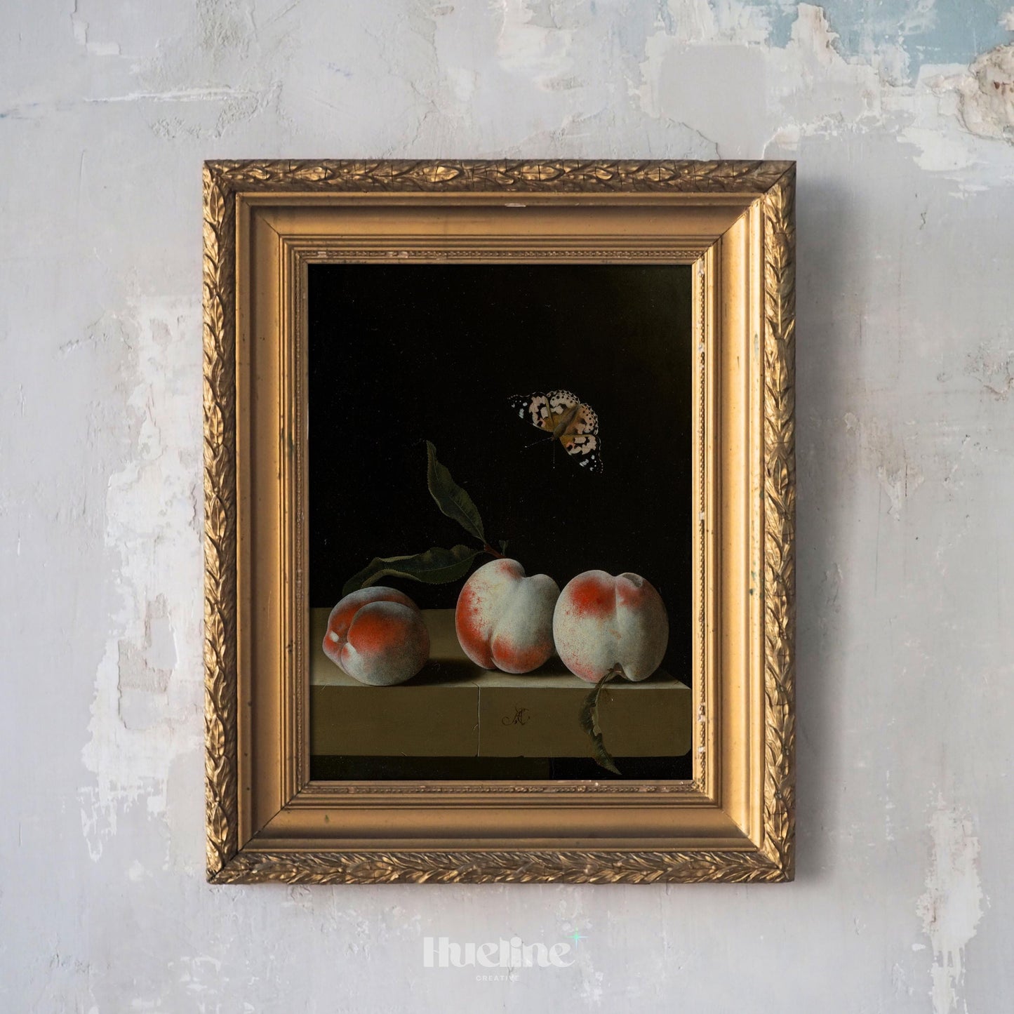 Vintage Still Life Peach Art – Dark Old-World Fruit Painting with Butterfly - L1141