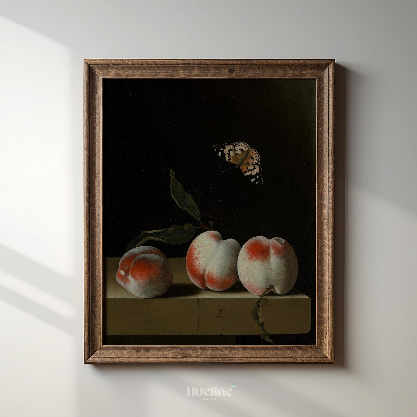 Vintage Still Life Peach Art – Dark Old-World Fruit Painting with Butterfly - L1141
