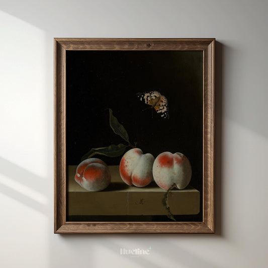 Vintage Still Life Peach Art – Dark Old-World Fruit Painting with Butterfly - L1141