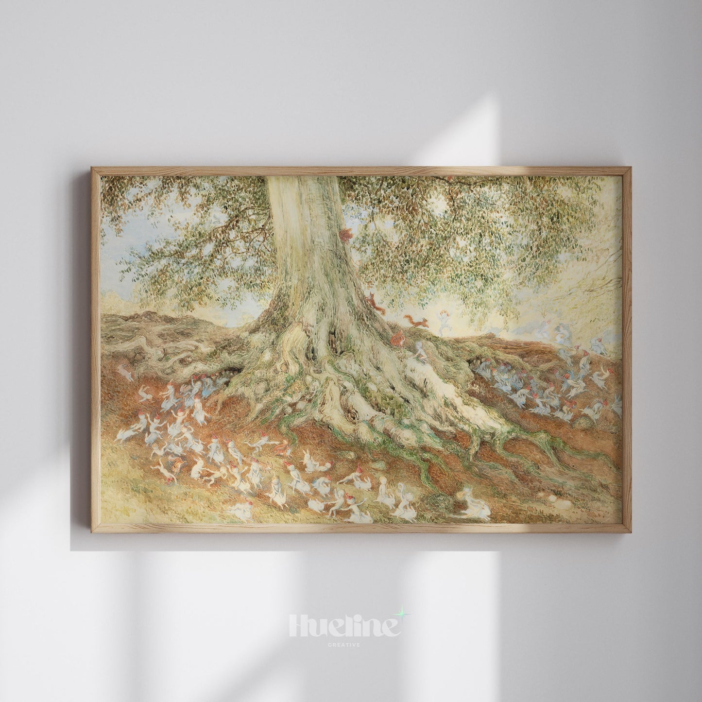 Whimsical Fairy Tree Art Print – Enchanted Woodland Creatures Fantasy Wall Decor - L1143