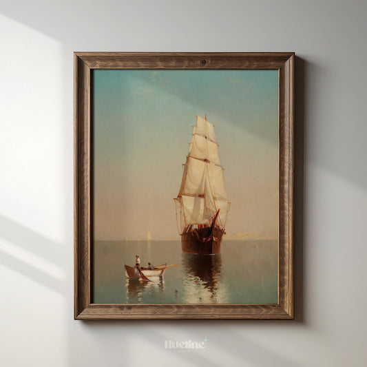 Vintage Sailboat Seascape Art Print – Calm Ocean Maritime Wall Decor - L1144