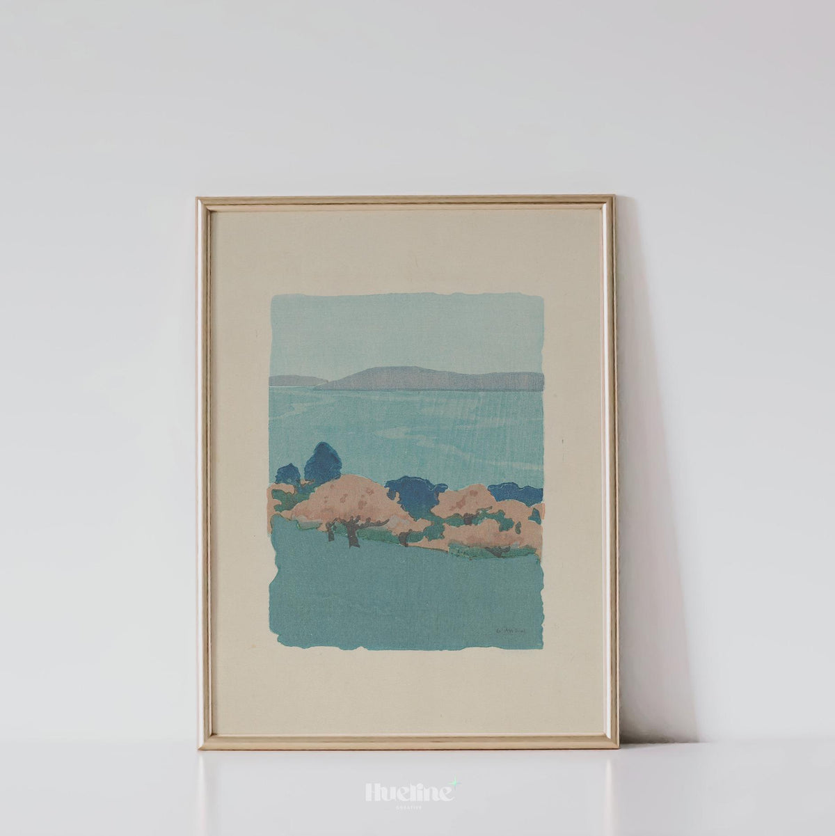 Minimalist Vintage Landscape Print – Soft Blue Coastal Hills Wall Art - L1145
