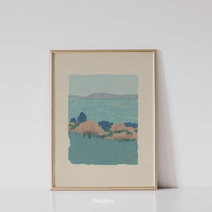 Minimalist Vintage Landscape Print – Soft Blue Coastal Hills Wall Art - L1145