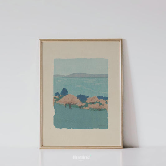Minimalist Vintage Landscape Print – Soft Blue Coastal Hills Wall Art - L1145