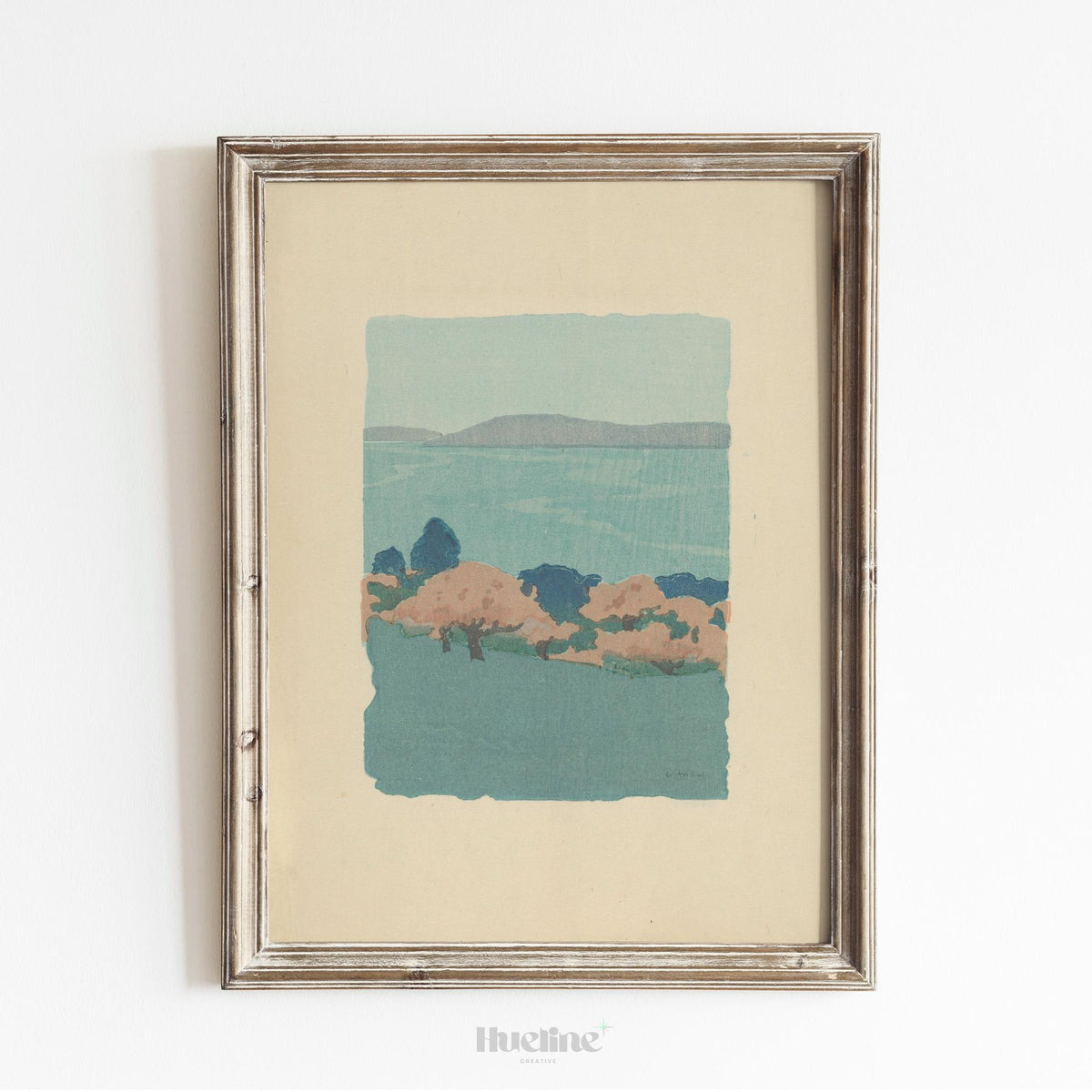 Minimalist Vintage Landscape Print – Soft Blue Coastal Hills Wall Art - L1145