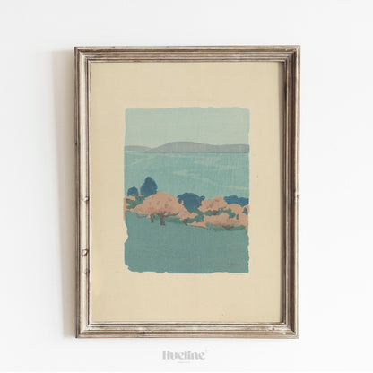 Minimalist Vintage Landscape Print – Soft Blue Coastal Hills Wall Art - L1145