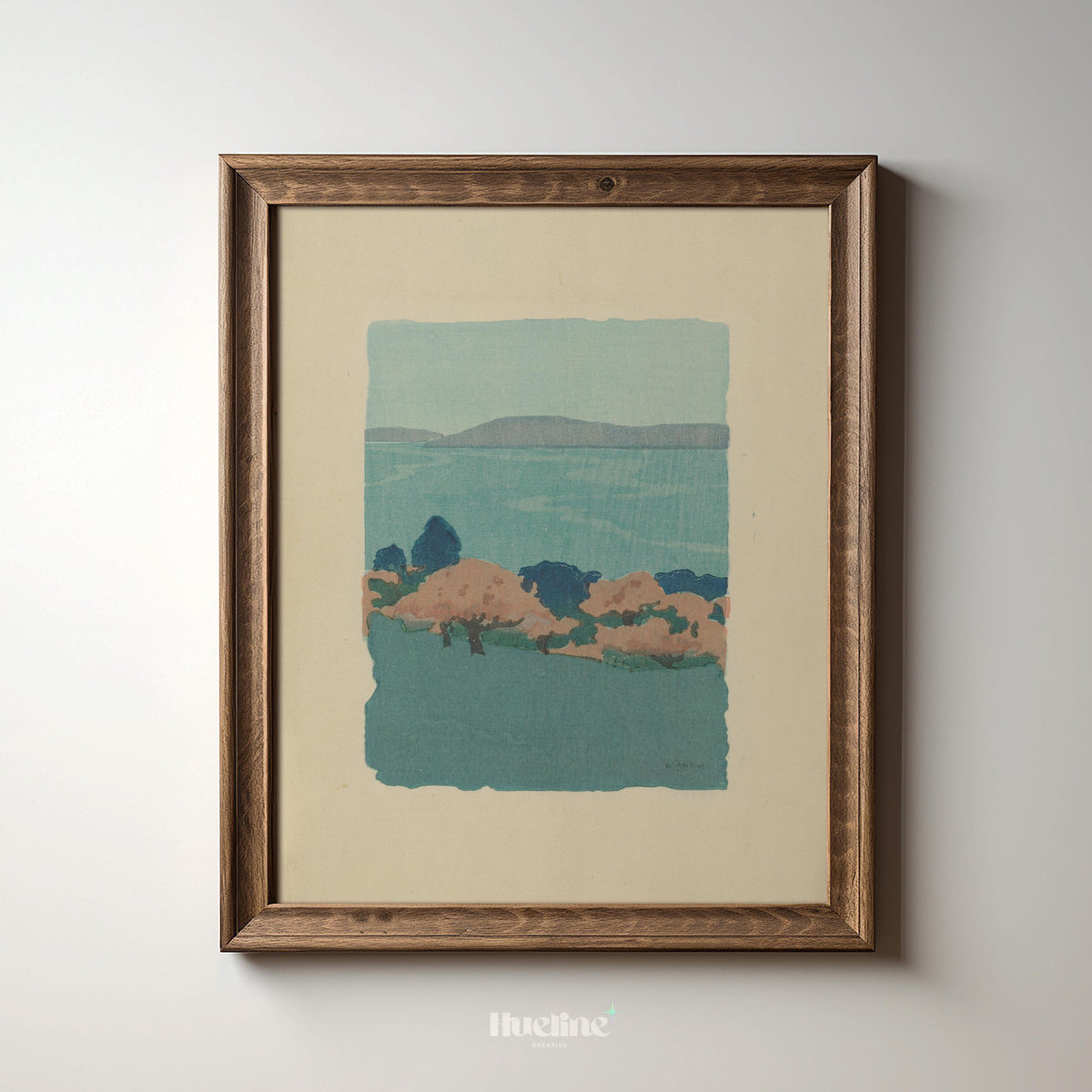 Minimalist Vintage Landscape Print – Soft Blue Coastal Hills Wall Art - L1145