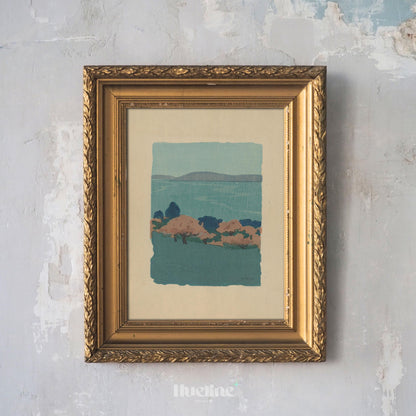 Minimalist Vintage Landscape Print – Soft Blue Coastal Hills Wall Art - L1145