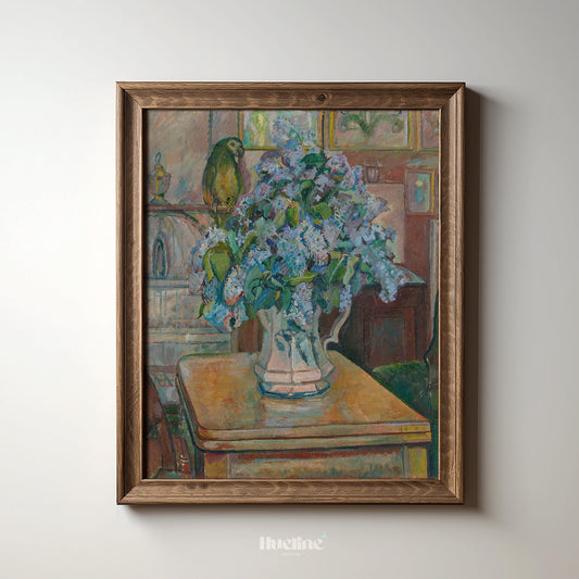 Vintage Floral Still Life with Parrot – Classic Vase Painting Wall Decor - L1147
