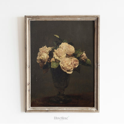 Vintage Dark Floral Still Life Print – Classic Roses in Vase Wall Art - L1148
