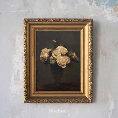 Vintage Dark Floral Still Life Print – Classic Roses in Vase Wall Art - L1148