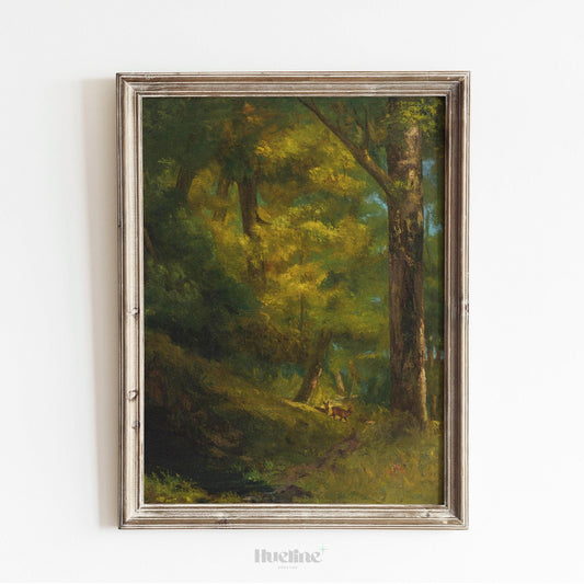 Vintage Forest Landscape Art Print – Rustic Nature Wall Decor with Deer - L1133