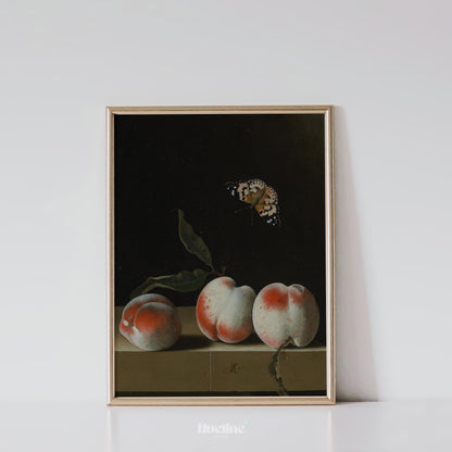 Vintage Still Life Peach Art – Dark Old-World Fruit Painting with Butterfly - L1141