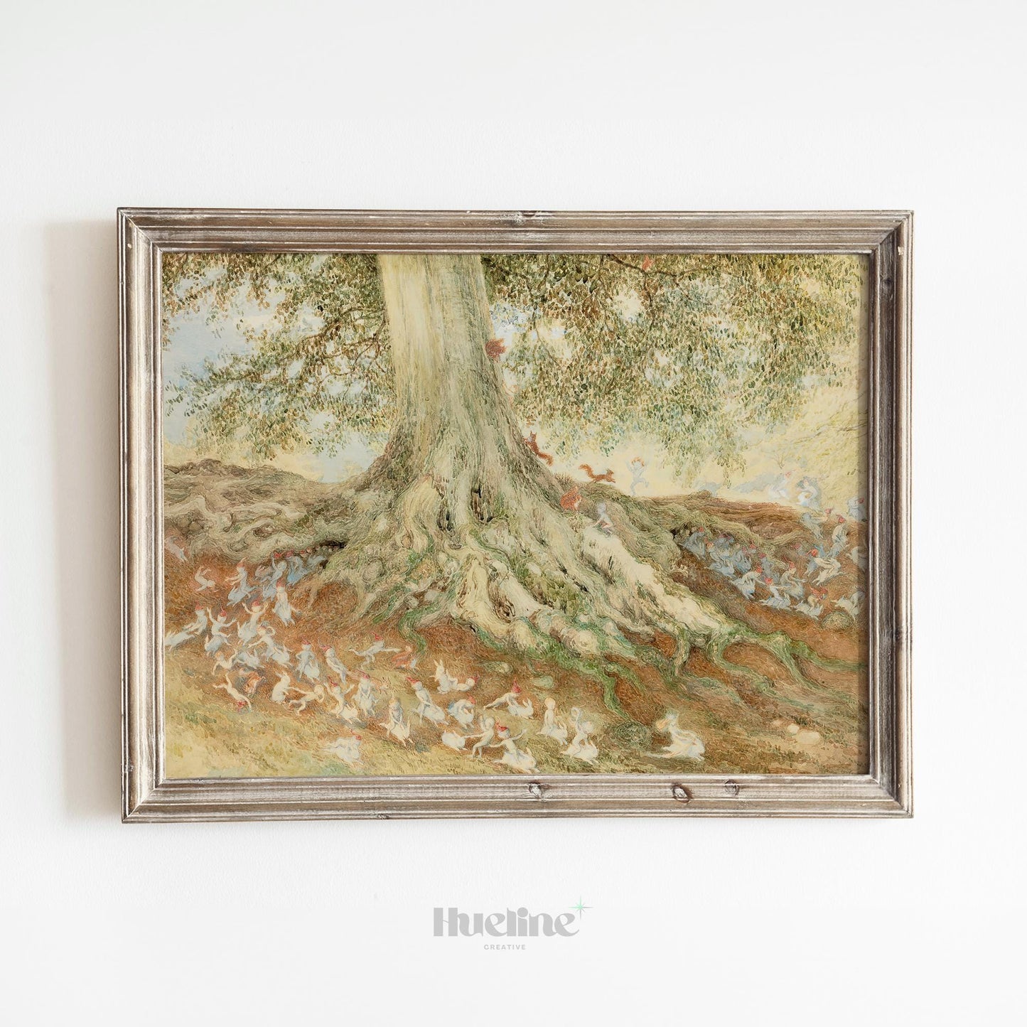 Whimsical Fairy Tree Art Print – Enchanted Woodland Creatures Fantasy Wall Decor - L1143