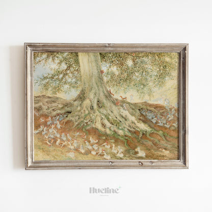 Whimsical Fairy Tree Art Print – Enchanted Woodland Creatures Fantasy Wall Decor - L1143