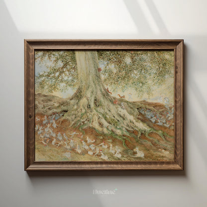 Whimsical Fairy Tree Art Print – Enchanted Woodland Creatures Fantasy Wall Decor - L1143