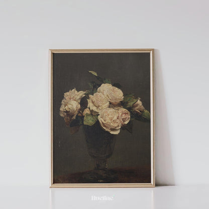 Vintage Dark Floral Still Life Print – Classic Roses in Vase Wall Art - L1148