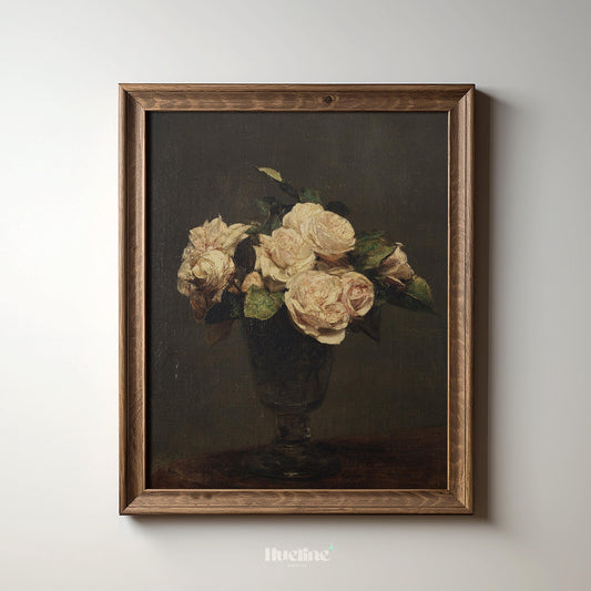 Vintage Dark Floral Still Life Print – Classic Roses in Vase Wall Art - L1148