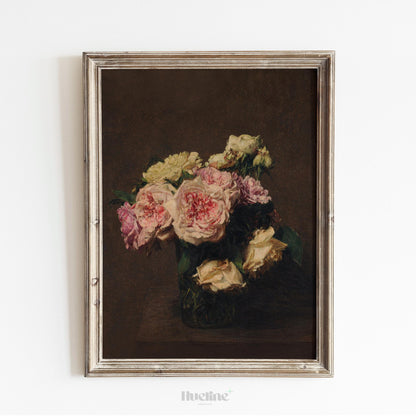 Vintage Floral Still Life Print – Dark Romantic Roses in Vase Wall Art - L1149