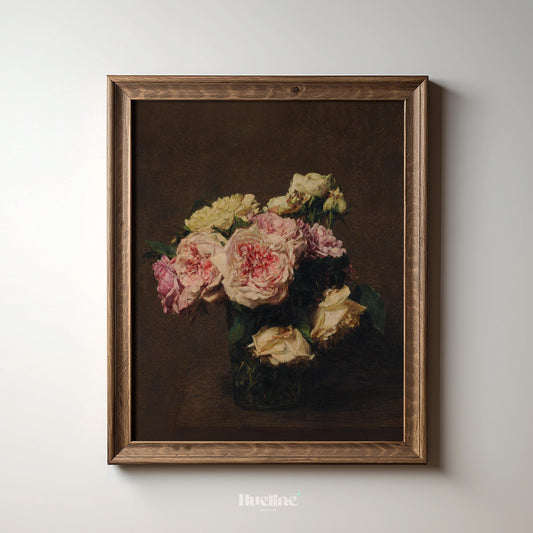 Vintage Floral Still Life Print – Dark Romantic Roses in Vase Wall Art - L1149