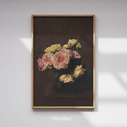 Vintage Floral Still Life Print – Dark Romantic Roses in Vase Wall Art - L1149