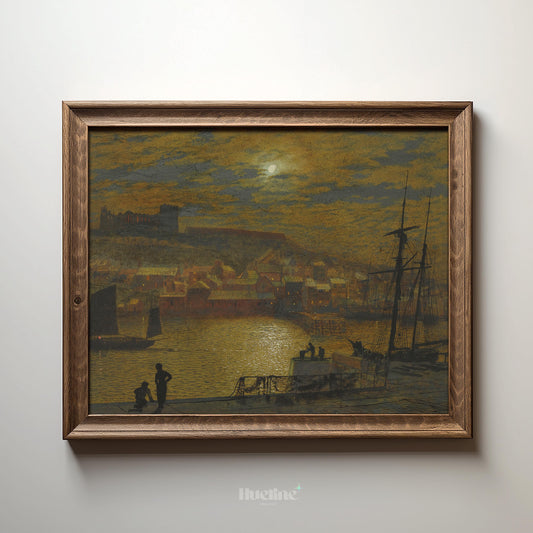 Vintage Moonlit Harbor Art Print – Dramatic Night Seascape Coastal Wall Decor - L1151