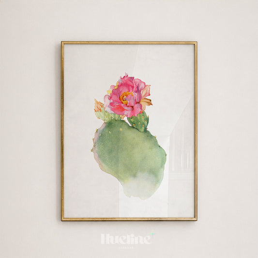 Vintage Prickly Pear Cactus Watercolor, Antique Pink Flower Wall Decor, Desert Poster - L1243