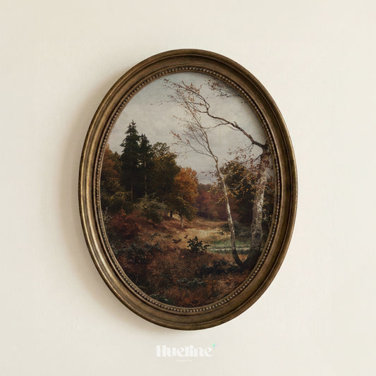 Vintage Autumn Forest Landscape Print, Antique Birch Tree Woodland Oil Painting - L1164