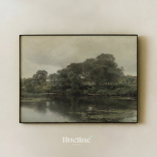Vintage River Landscape Painting, Moody Lake Wall Decor, Antique Tonalist Pond Poster - L1233