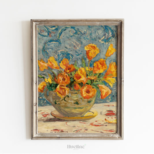Bright Floral Impressionist Print, Orange Flower Bouquet Wall Art, Colorful Still Life Poster - L1094
