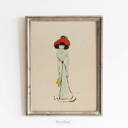 Vintage Lady Illustration – Elegant 1920s-Inspired Fashion Sketch Print, Retro Minimalist Wall Art for Chic Interiors - L1102
