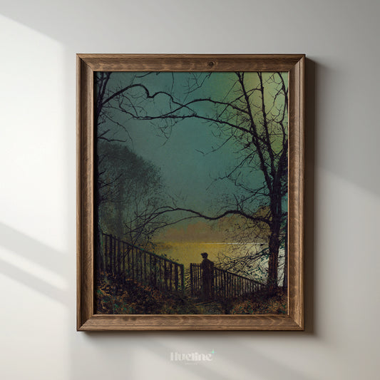 Vintage Landscape Wall Art | Moonlit Night Scene with Silhouette Painting - L1111
