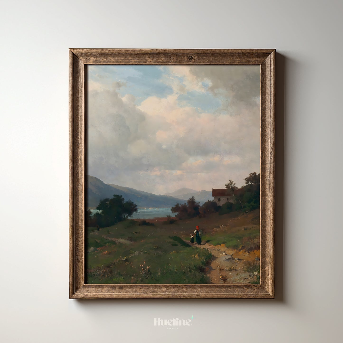 Vintage Countryside Landscape Art Print – Serene Mountain View with Cottage and Lake – Romantic Nature Wall Decor for Rustic Homes - L1060