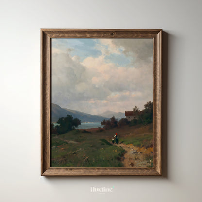 Vintage Countryside Landscape Art Print – Serene Mountain View with Cottage and Lake – Romantic Nature Wall Decor for Rustic Homes - L1060