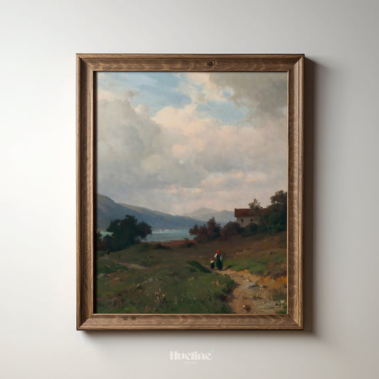 Vintage Countryside Landscape Art Print – Serene Mountain View with Cottage and Lake – Romantic Nature Wall Decor for Rustic Homes - L1060