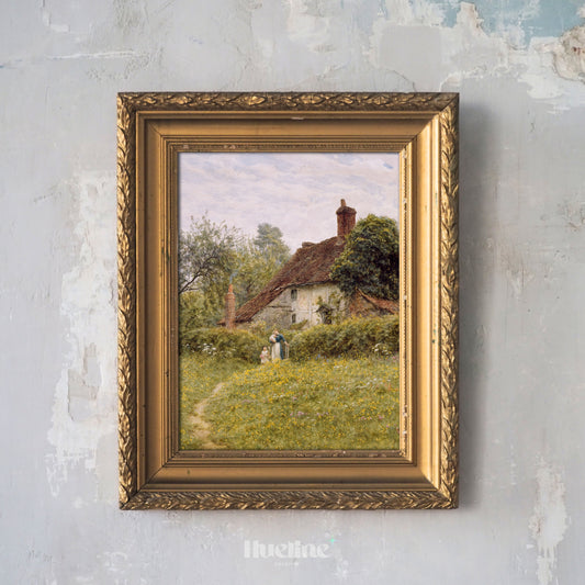 Vintage Cottage Landscape Art - English Countryside Painting in Gold Frame - Rustic Cottagecore Wall Decor - Pastoral Scene Artwork - L1027