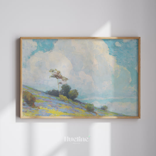 Vintage Landscape Wall Art | Cloudy Sky and Meadow Hill Painting Print - L1107