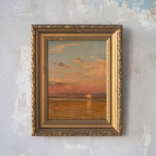 Sunset Seascape Art Print, Vintage Ocean Horizon Wall Art, Warm Pastel Coastal Painting - L1089